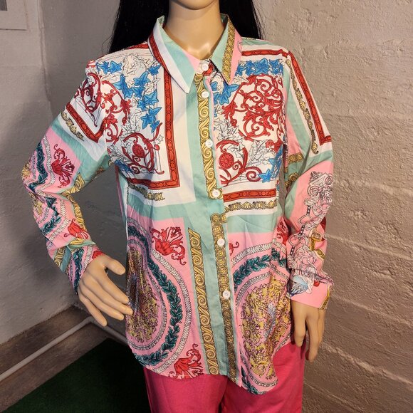 Unbranded Designer Style Paisley Pink Blue White Button-up Long Sleeve M-L - Picture 10 of 10
